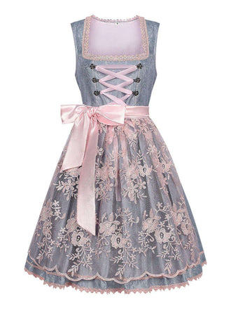 2PCS Blue Grey 1950s Floral Dress & Mesh Embroidered Apron