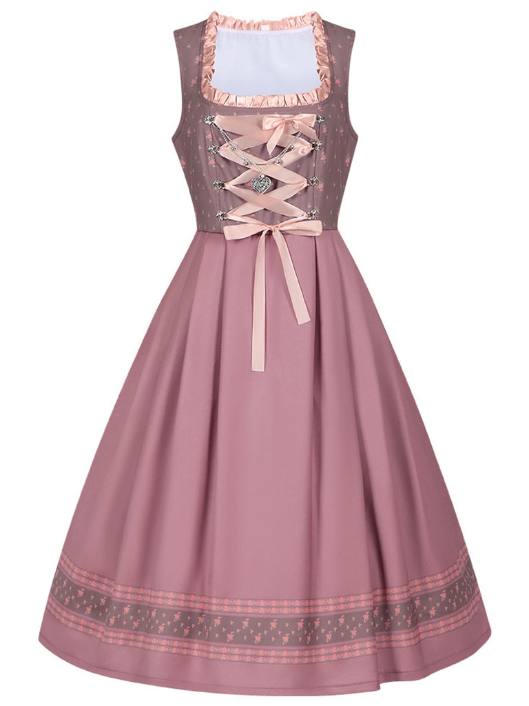 2PCS Misty Rose 1950s Ditsy Floral Satin Dress & Apron