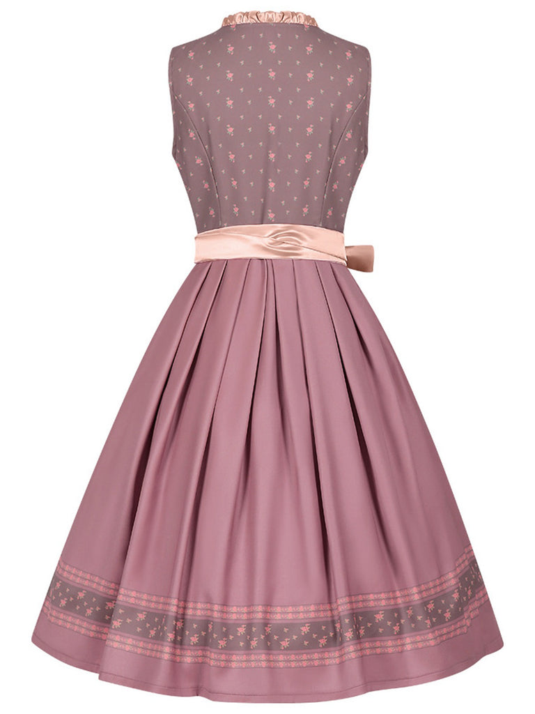 2PCS Misty Rose 1950s Ditsy Floral Satin Dress & Apron