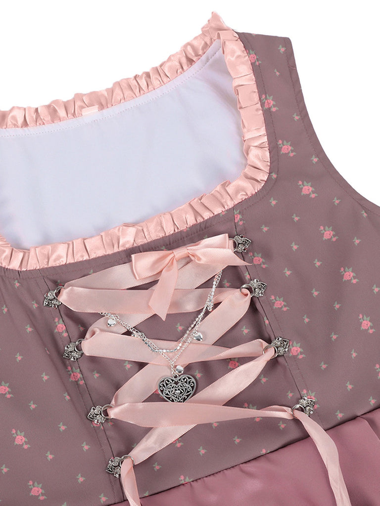 2PCS Misty Rose 1950s Ditsy Floral Satin Dress & Apron