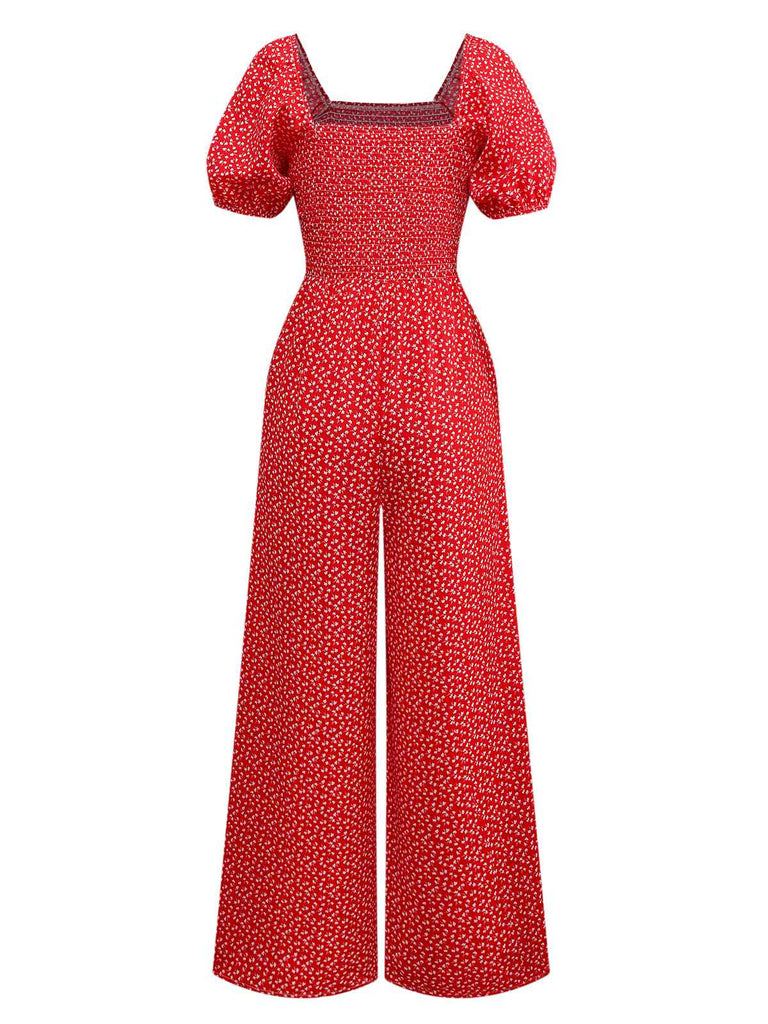 1950s Ditsy Floral Square Neck Puff Jumpsuit