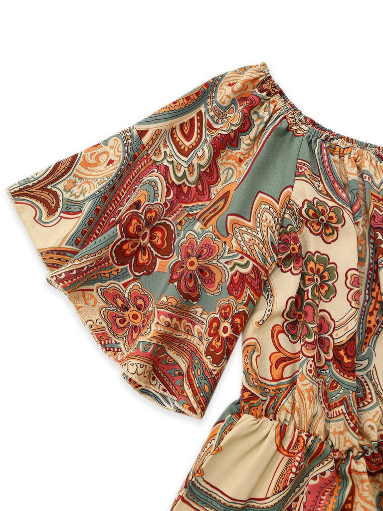 Multicolor 1970s Bohemian Off-Shoulder Romper