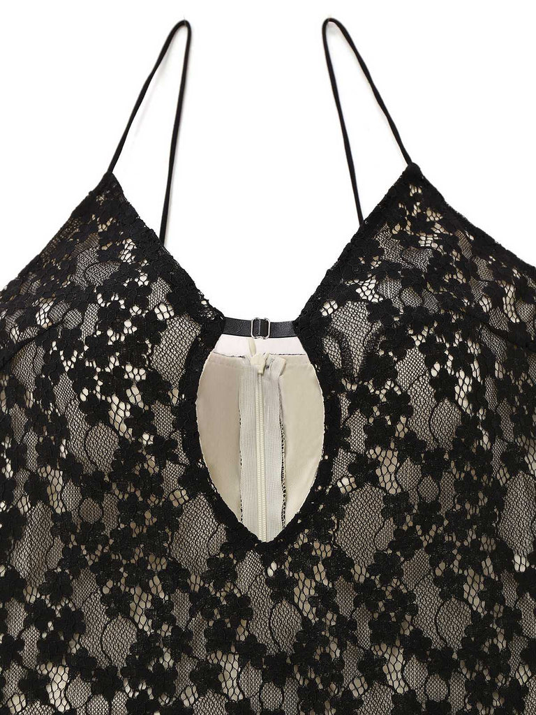 Black 1960s Hollow Floral Lace Bodycon Dress