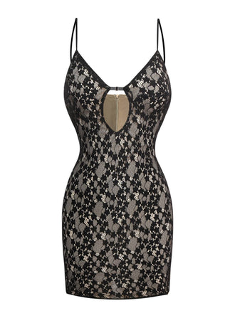 Black 1960s Hollow Floral Lace Bodycon Dress