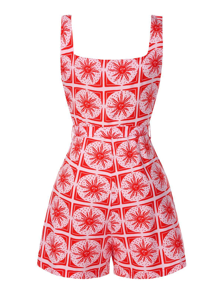 Rose Pink 1970s Boho Sun Print Button Romper
