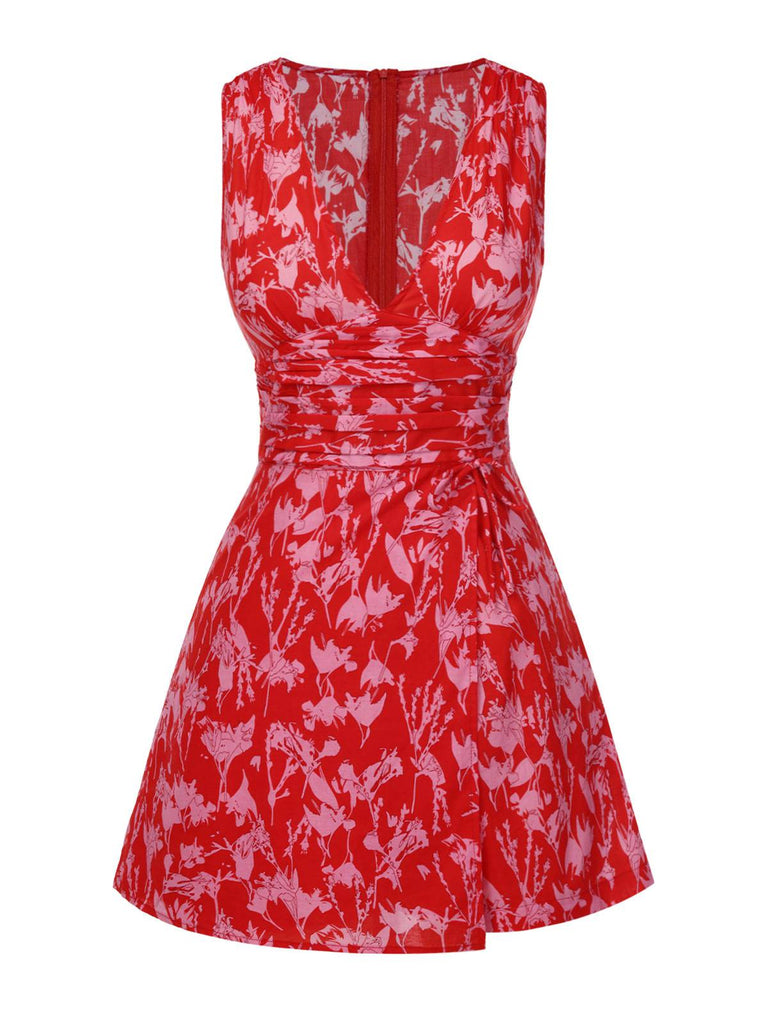 [Pre-Sale] Red 1940s Cotton Tropical Floral V-Neck Ruched Romper
