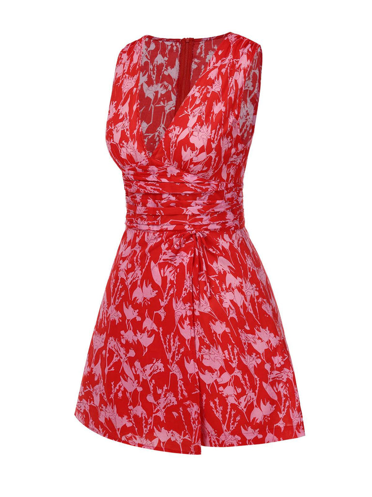 [Pre-Sale] Red 1940s Cotton Tropical Floral V-Neck Ruched Romper