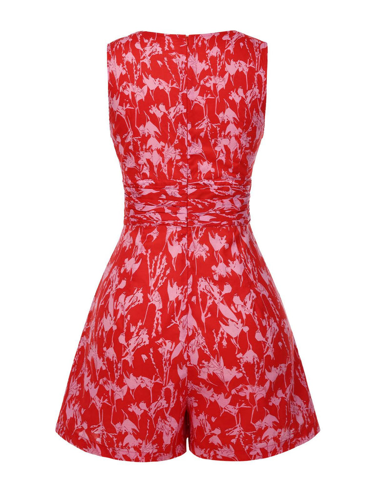 [Pre-Sale] Red 1940s Cotton Tropical Floral V-Neck Ruched Romper