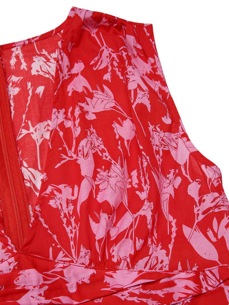 [Pre-Sale] Red 1940s Cotton Tropical Floral V-Neck Ruched Romper