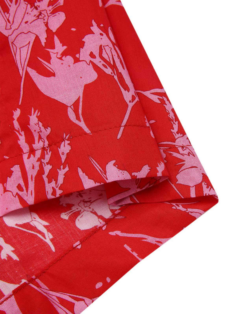 [Pre-Sale] Red 1940s Cotton Tropical Floral V-Neck Ruched Romper