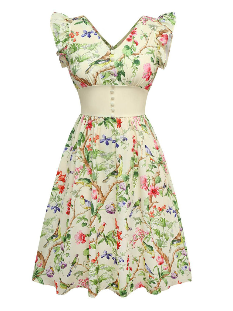 Yellow 1950s Floral Birds Ruffled Flutter Sleeve Dress