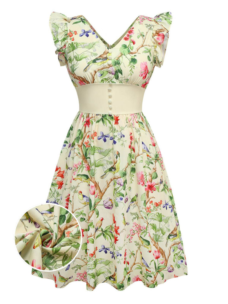 Yellow 1950s Floral Birds Ruffled Flutter Sleeve Dress