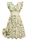 Yellow 1950s Floral Birds Ruffled Flutter Sleeve Dress