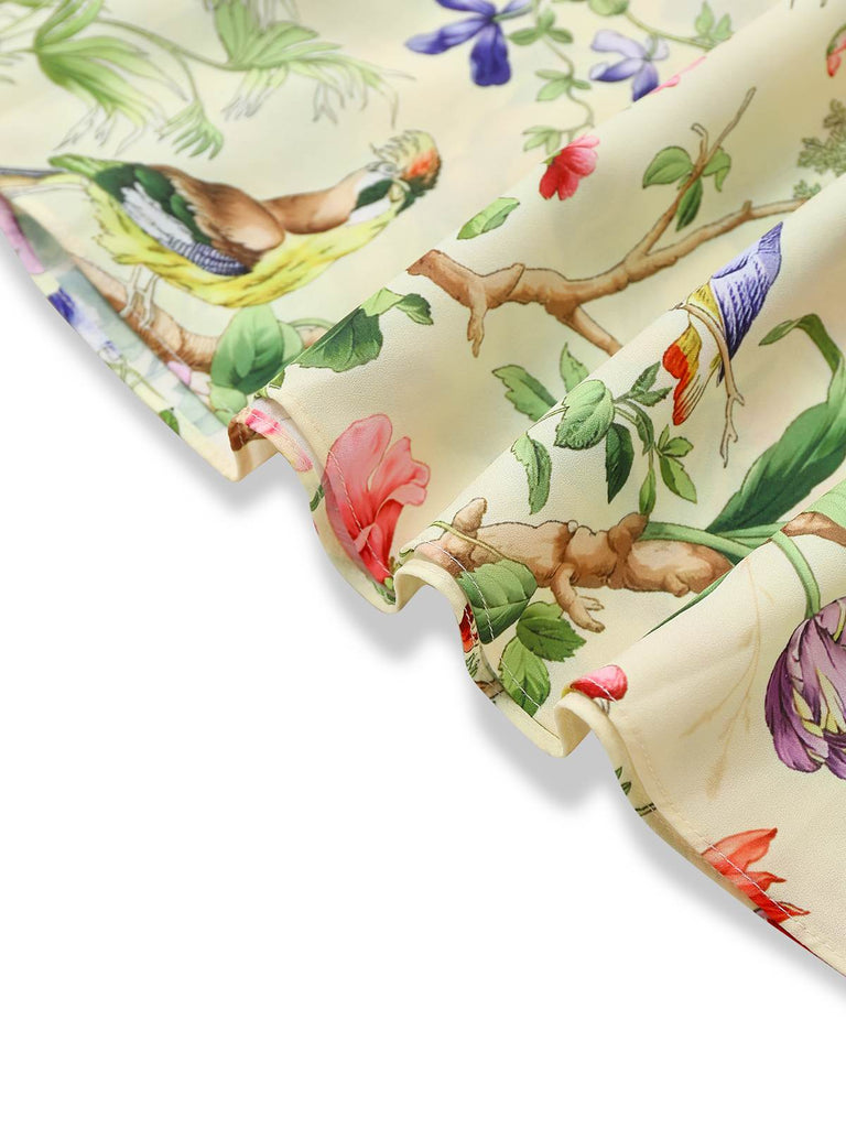 Yellow 1950s Floral Birds Ruffled Flutter Sleeve Dress