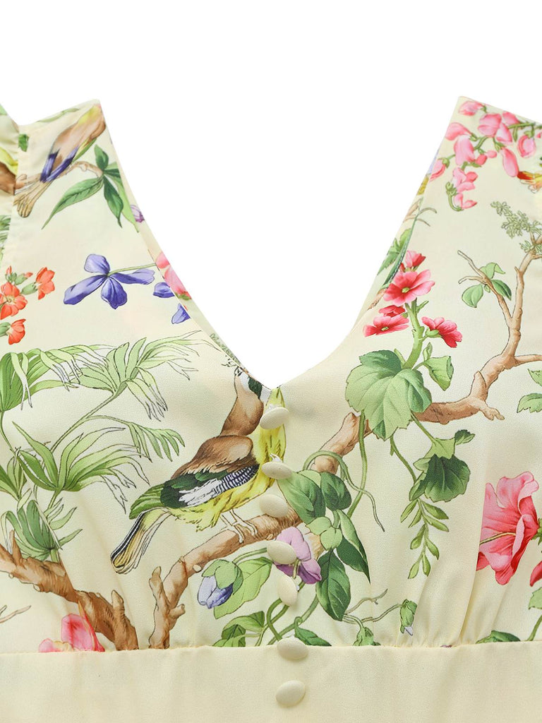 Yellow 1950s Floral Birds Ruffled Flutter Sleeve Dress