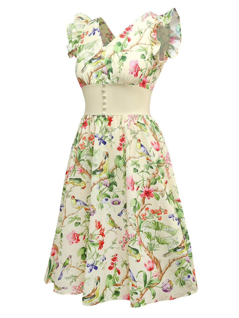 Yellow 1950s Floral Birds Ruffled Flutter Sleeve Dress