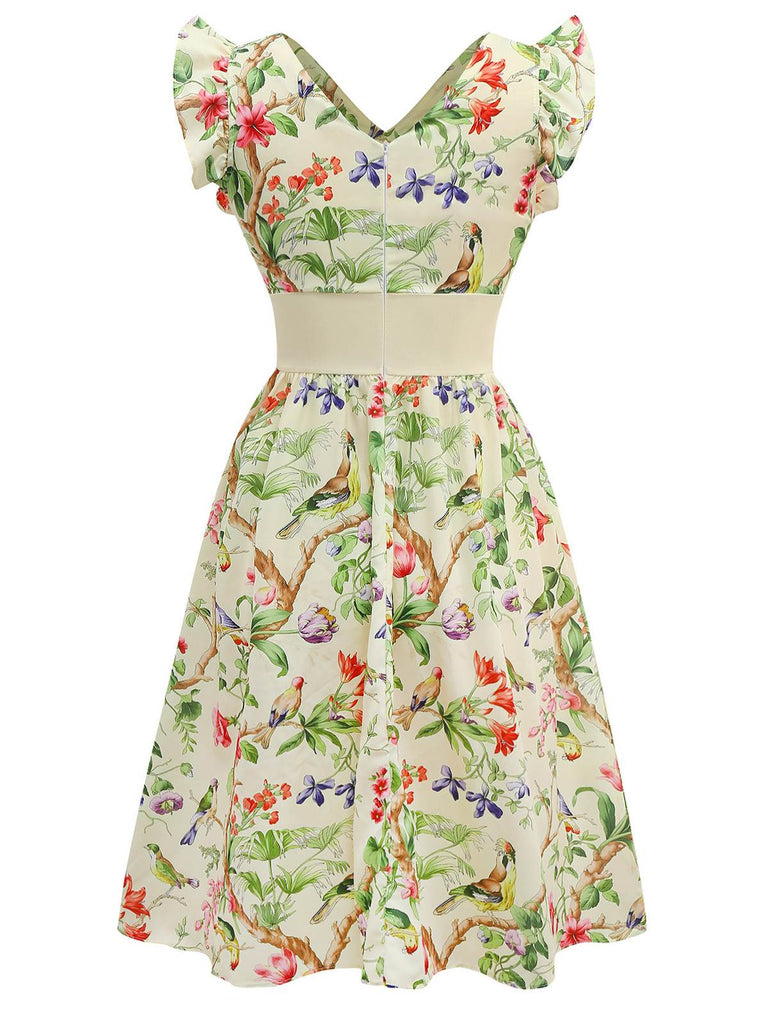 Yellow 1950s Floral Birds Ruffled Flutter Sleeve Dress