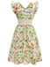 Yellow 1950s Floral Birds Ruffled Flutter Sleeve Dress