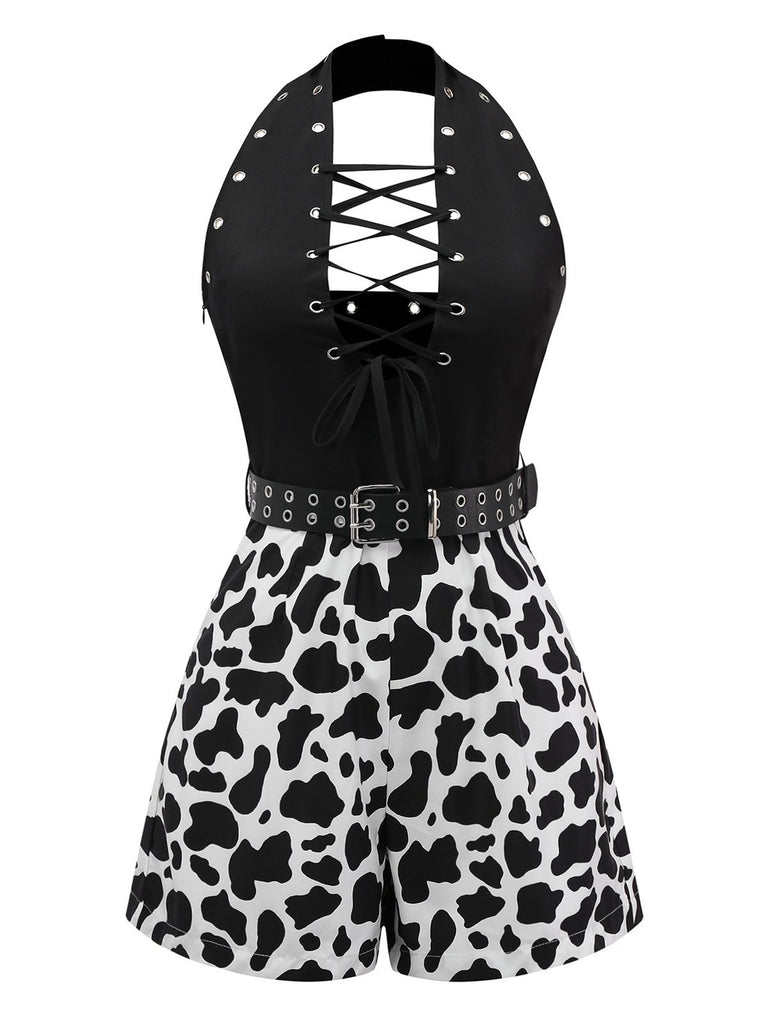 Black 1980s Punk Halter Hollow Cow Pattern Romper