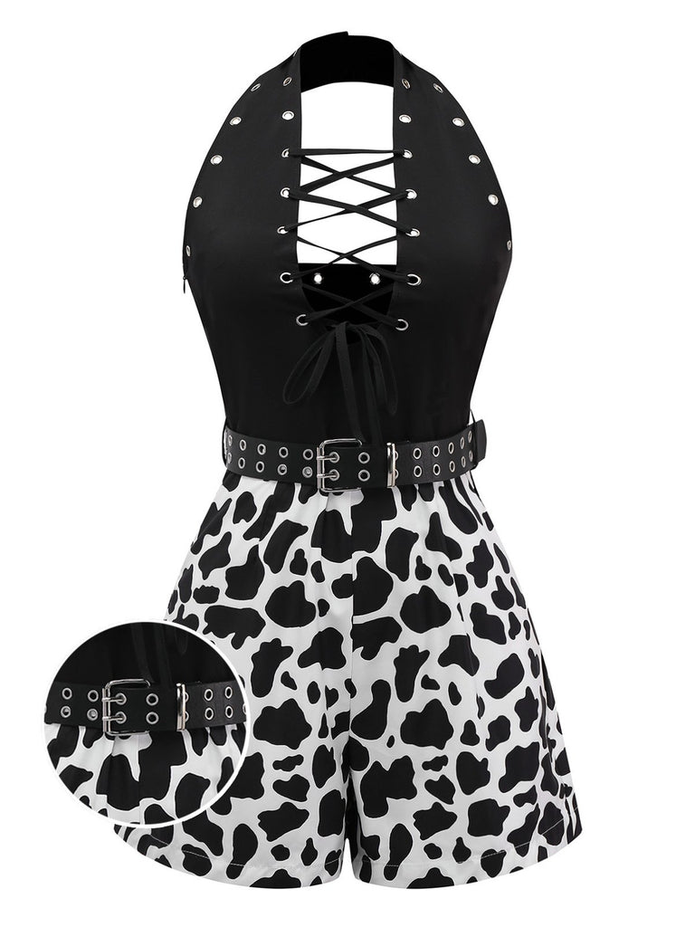 Black 1980s Punk Halter Hollow Cow Pattern Romper