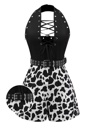 Black 1980s Punk Halter Hollow Cow Pattern Romper