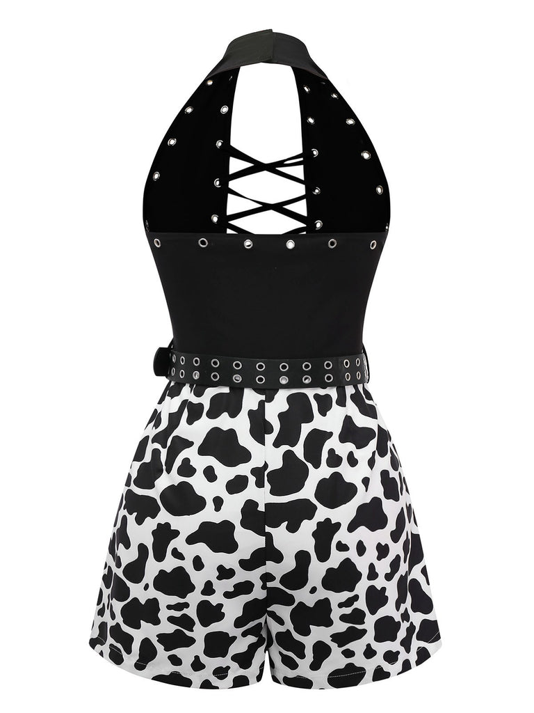 Black 1980s Punk Halter Hollow Cow Pattern Romper