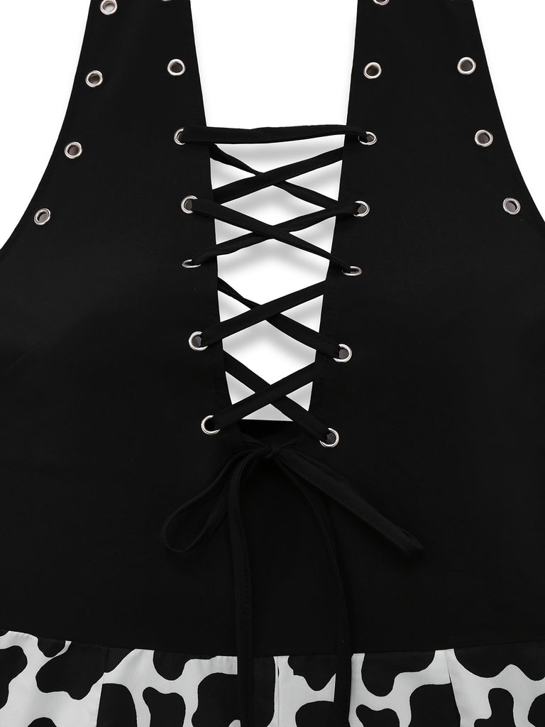 Black 1980s Punk Halter Hollow Cow Pattern Romper