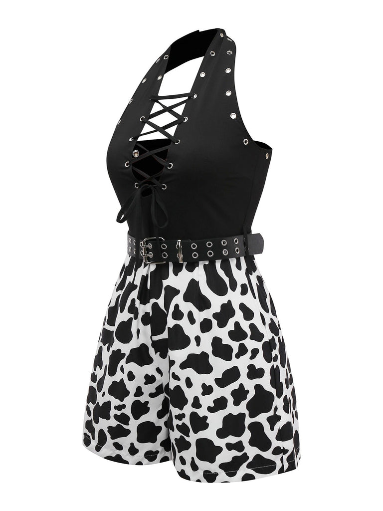 Black 1980s Punk Halter Hollow Cow Pattern Romper