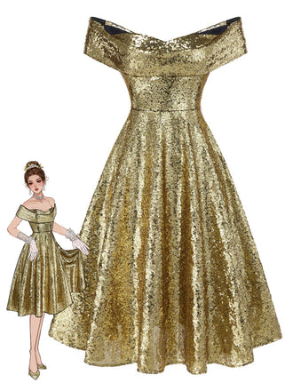 [Pre-Sale] Gold 1950s Off-Shoulder Sequined Swing Dress