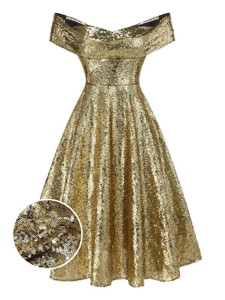 [Pre-Sale] Gold 1950s Off-Shoulder Sequined Swing Dress