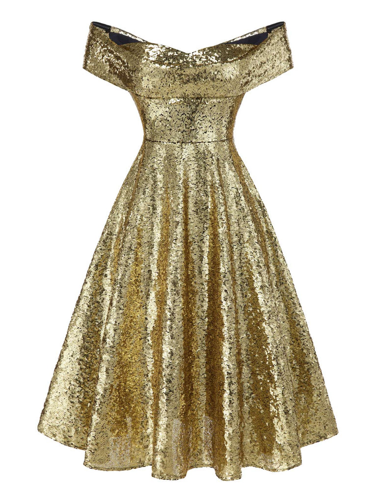 [Pre-Sale] Gold 1950s Off-Shoulder Sequined Swing Dress