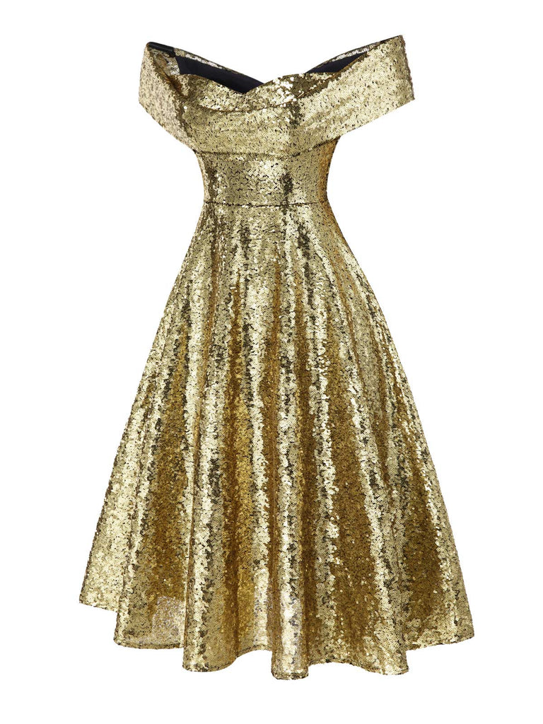 [Pre-Sale] Gold 1950s Off-Shoulder Sequined Swing Dress