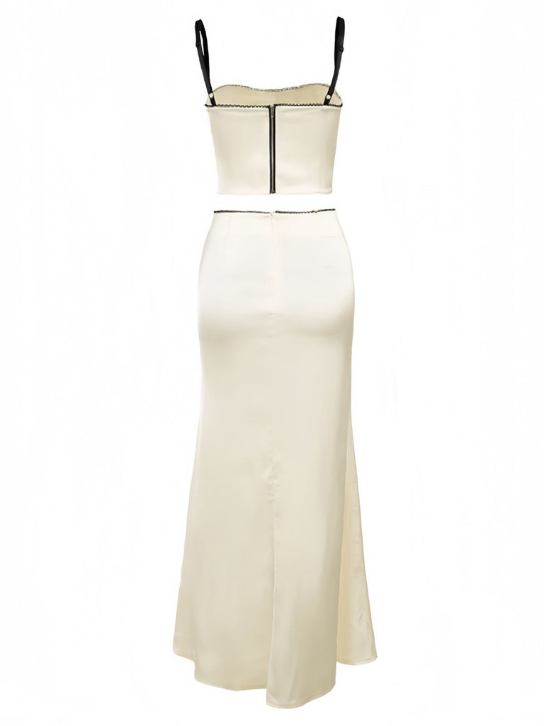 2PCS Yellow 1930s Spaghetti Straps Bow Top & Skirt