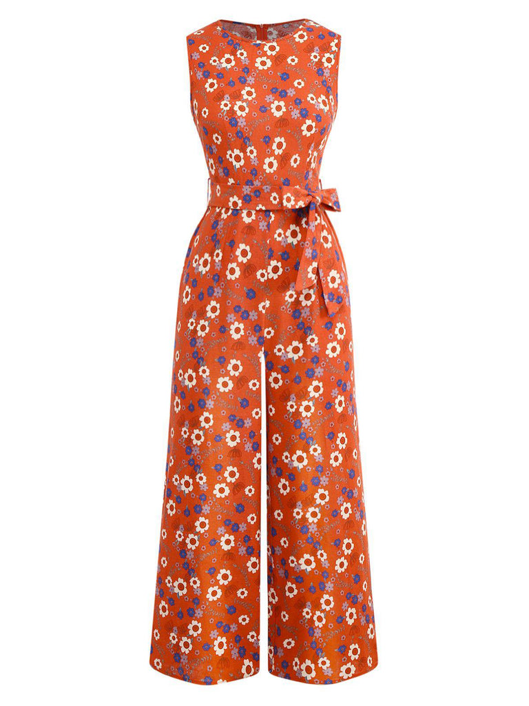1950s Cotton Sleeveless All-Over Floral Belted Jumpsuit
