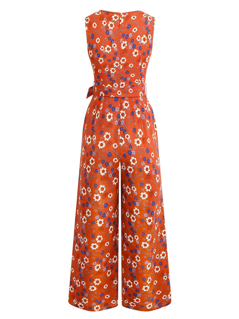 1950s Cotton Sleeveless All-Over Floral Belted Jumpsuit