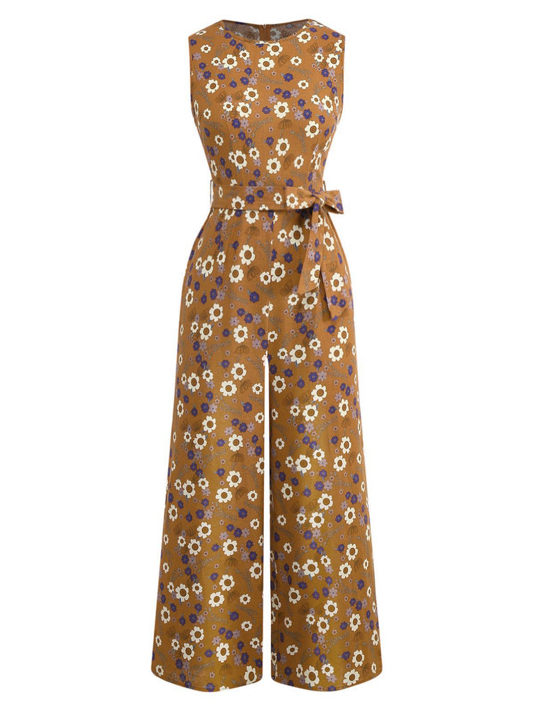 1950s Cotton Sleeveless All-Over Floral Belted Jumpsuit