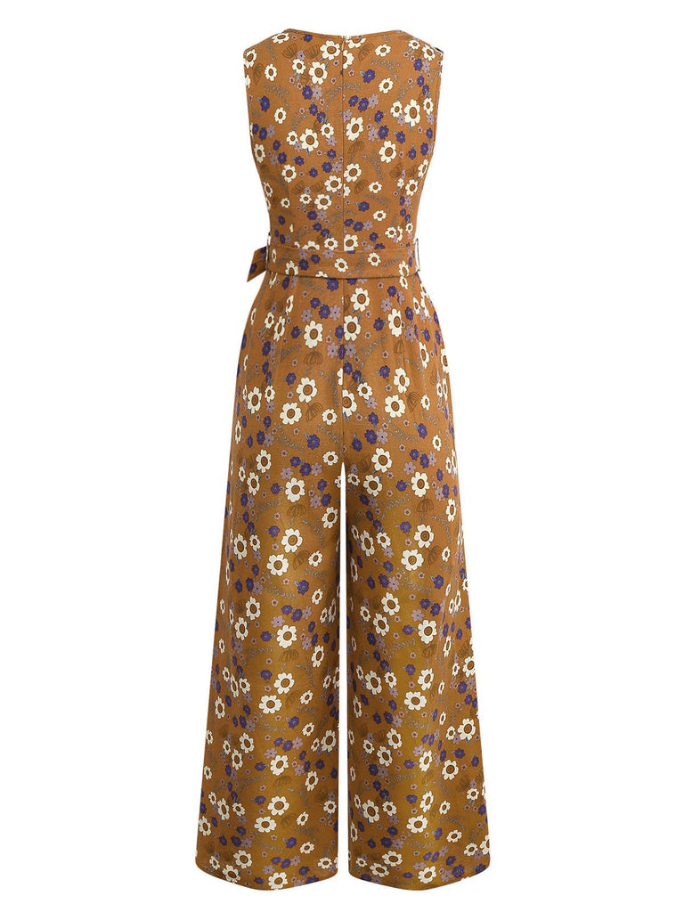 1950s Cotton Sleeveless All-Over Floral Belted Jumpsuit