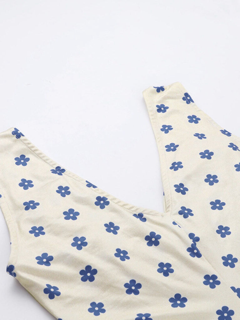 Blue & Apricot 1960s Floral Wide Strap Deep V-Neck Dress
