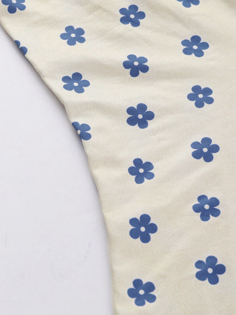Blue & Apricot 1960s Floral Wide Strap Deep V-Neck Dress