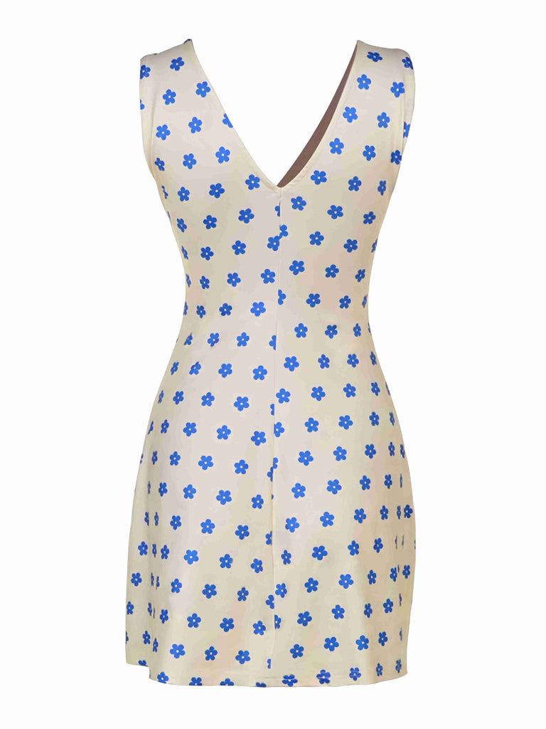 Blue & Apricot 1960s Floral Wide Strap Deep V-Neck Dress