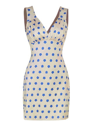Blue & Apricot 1960s Floral Wide Strap Deep V-Neck Dress