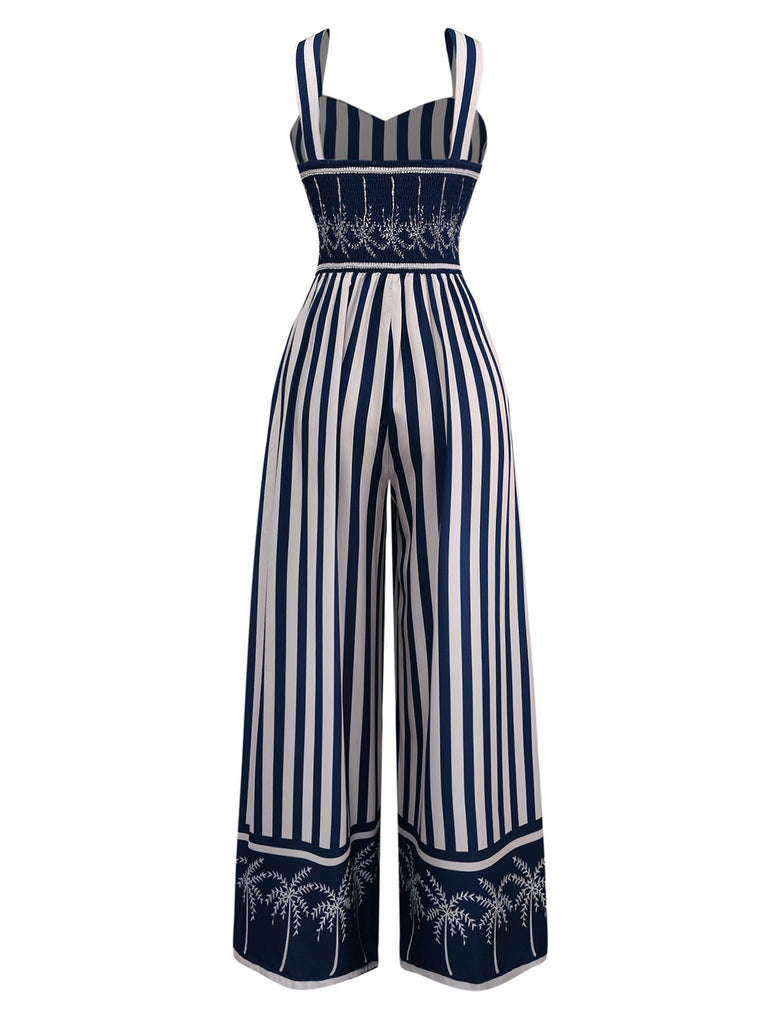 Blue 1930s Vertical Stripes Palm Trees Jumpsuit
