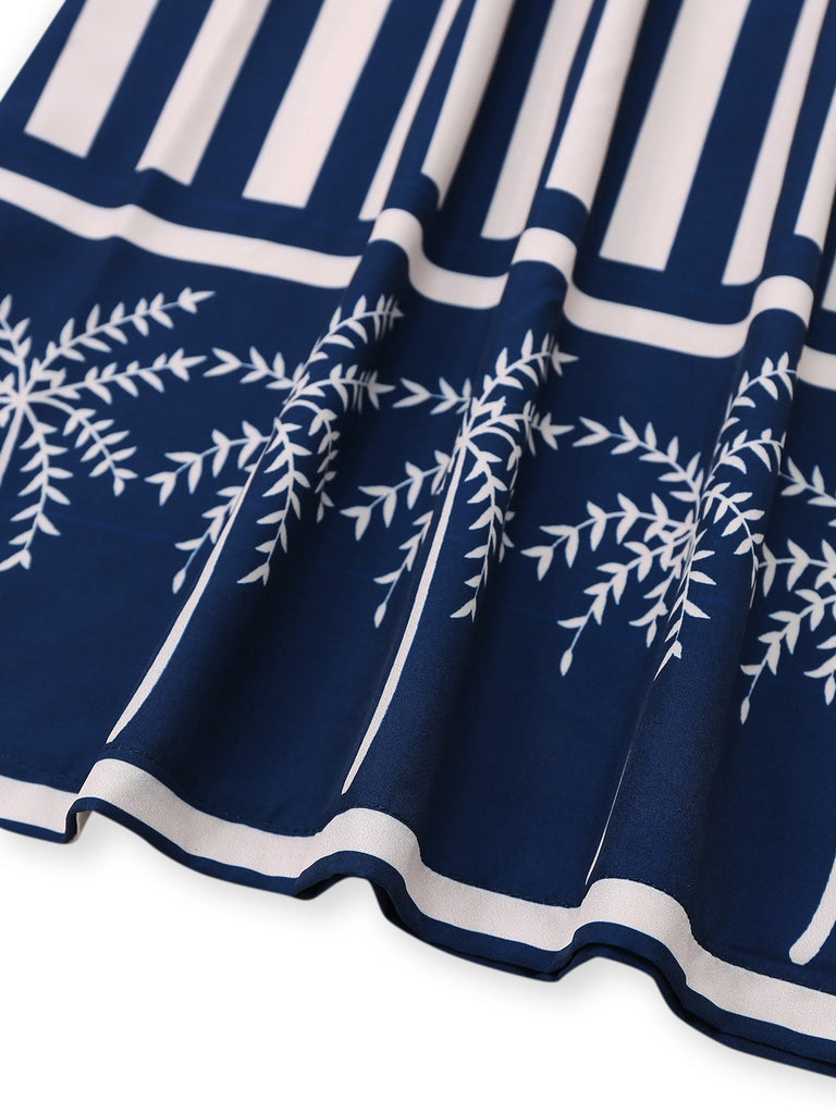 Blue 1930s Vertical Stripes Palm Trees Jumpsuit