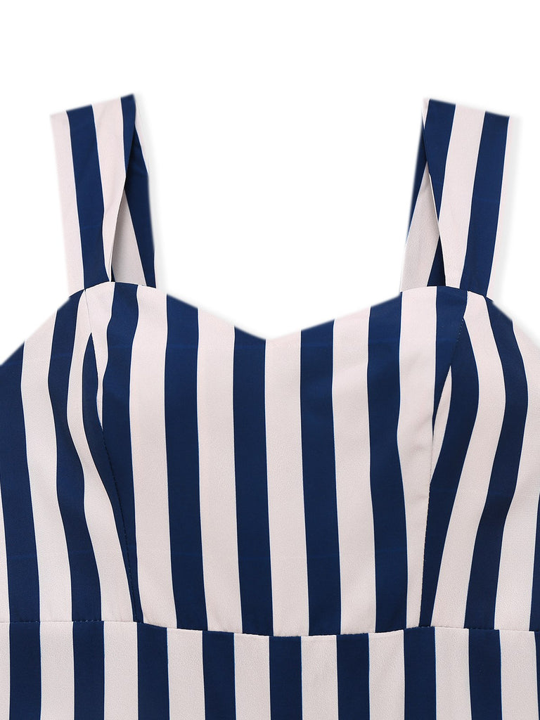 Blue 1930s Vertical Stripes Palm Trees Jumpsuit