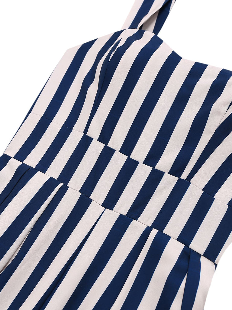 Blue 1930s Vertical Stripes Palm Trees Jumpsuit