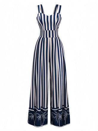 Blue 1930s Vertical Stripes Palm Trees Jumpsuit