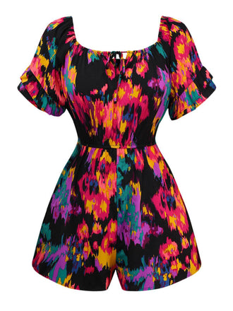 Multicolor 1960s Abstract Paints Ruffle Off-Shoulder Romper