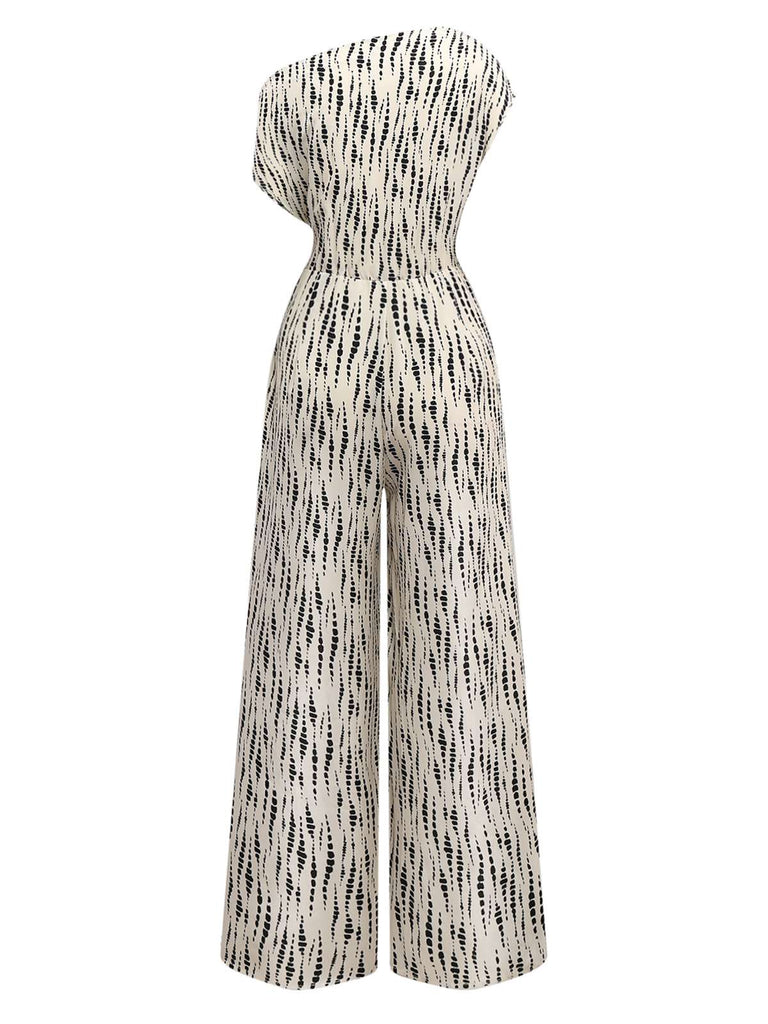 White 1940s Ink Stains Oblique Neck Jumpsuit