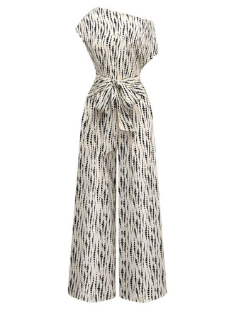 White 1940s Ink Stains Oblique Neck Jumpsuit