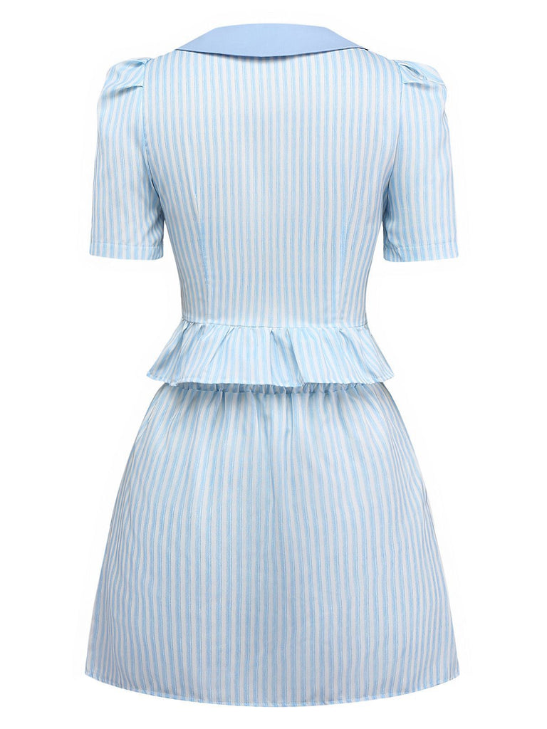 2PCS 1960s Vertical Stripes Peter Pan Collar Blouse & Skirt